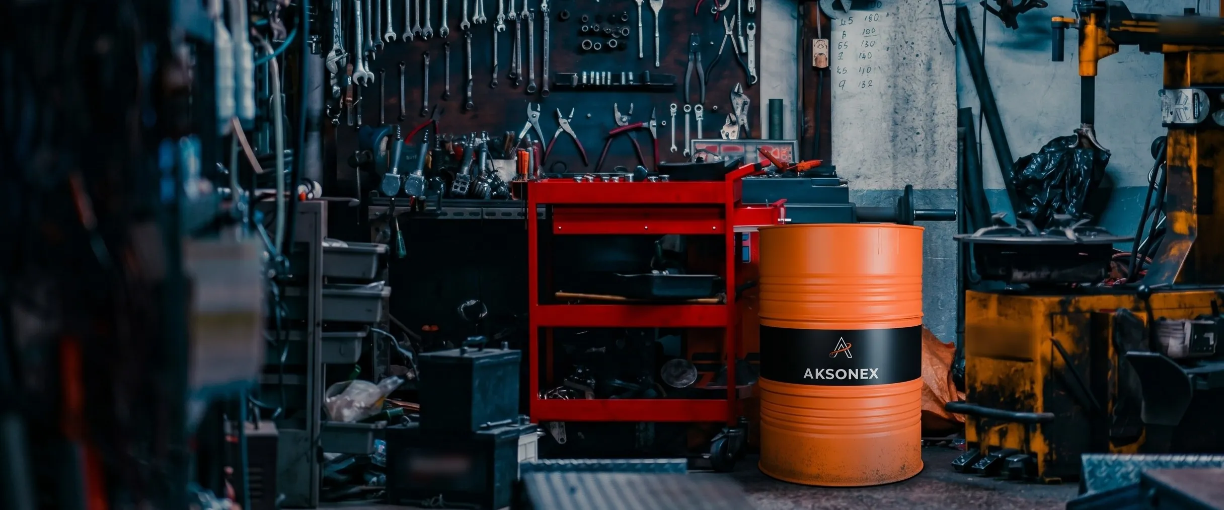 An orange AKSONEX drum in a workshop